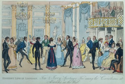 Maior Vida em Londres: Tom e Jerry &39;Sporting a Toe&39; entre os Corinthians em Almacks no Ocidente, de &39;Life in London&39; por Pierce Egan, 1821 (aquatinta colorida) de Isaac, Robert and George Cruikshank